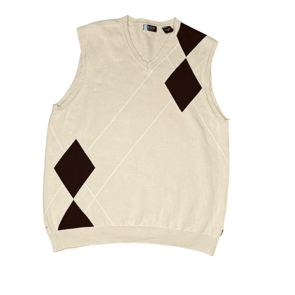IZOD GOLF Argyle Sweater Sleeveless Vest Tan/Dark Forest Green 100% Cotton SZ:M